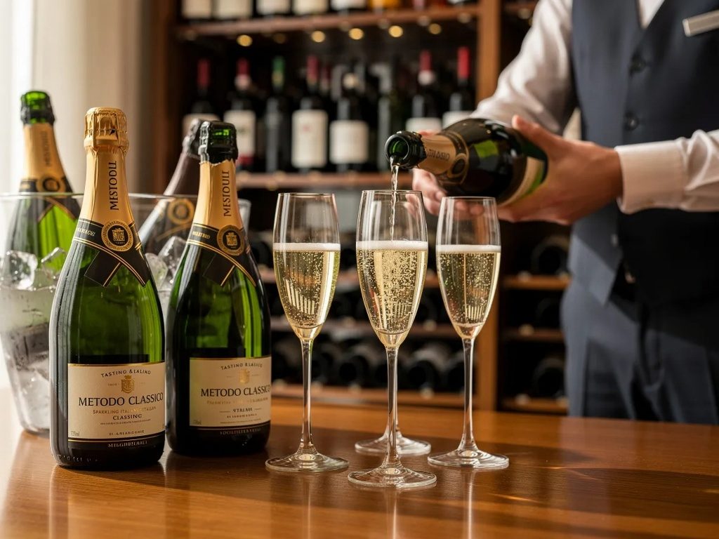 Sommelier che versa uno spumante in un calice durante una degustazione