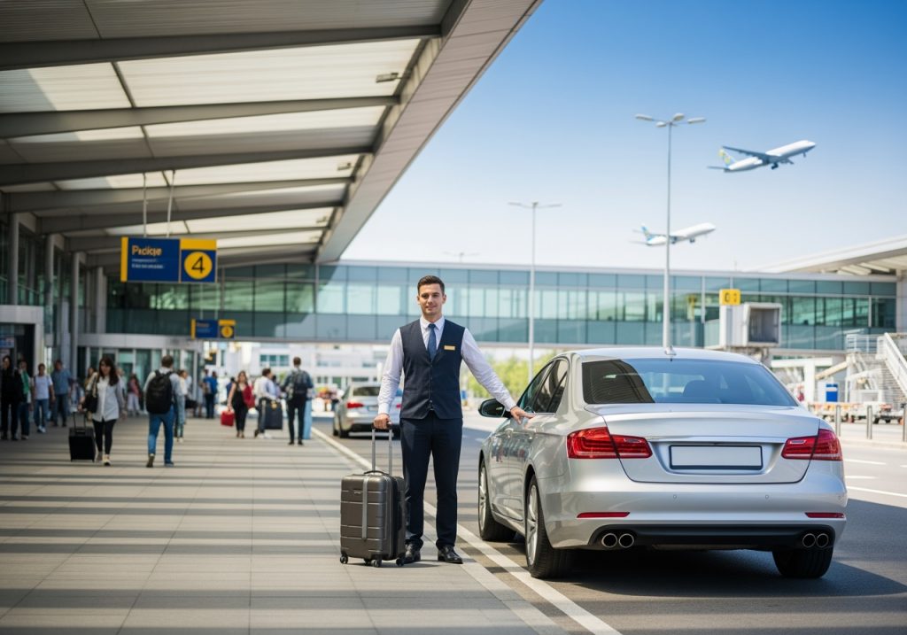 Autista che accoglie l’ospite e prende il bagaglio per il transfer privato