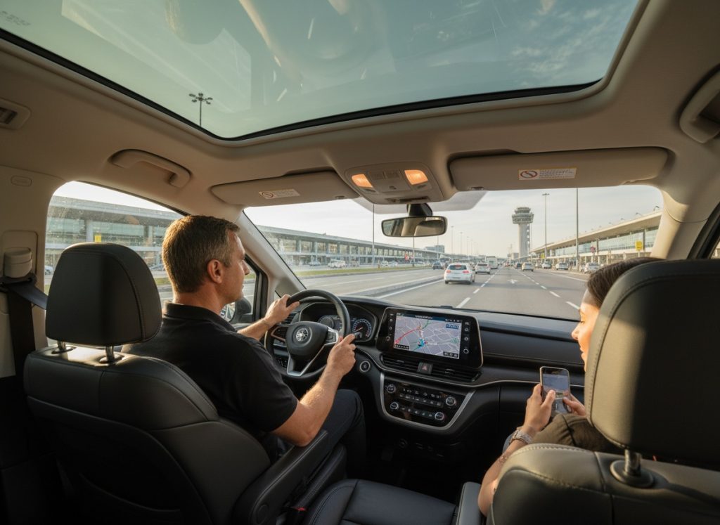 Interno di una vettura con autista alla guida durante un trasferimento privato